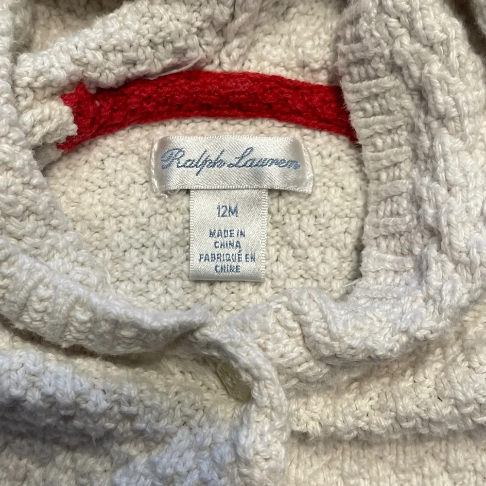 Ralph Lauren Baby Cream Quilted Knit Teddy‎ Bear Heart Hoodie Cardigan 12M